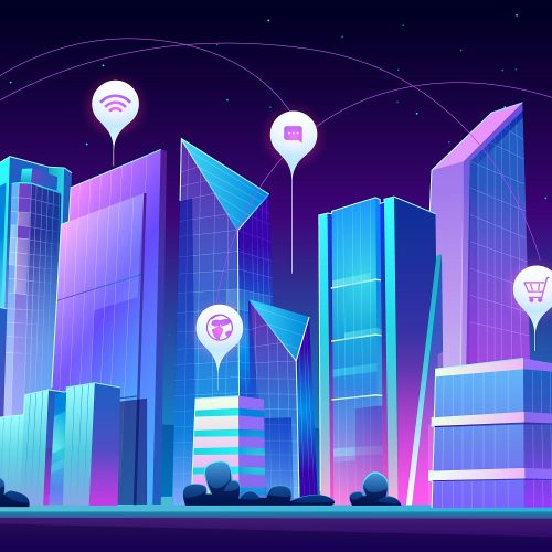 Smart city with wireless communication technology and Internet of things. Vector cartoon night cityscape with skyscrapers and infographic icons. Digital infrastructure in town